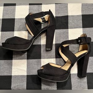 Black chunky suede heels